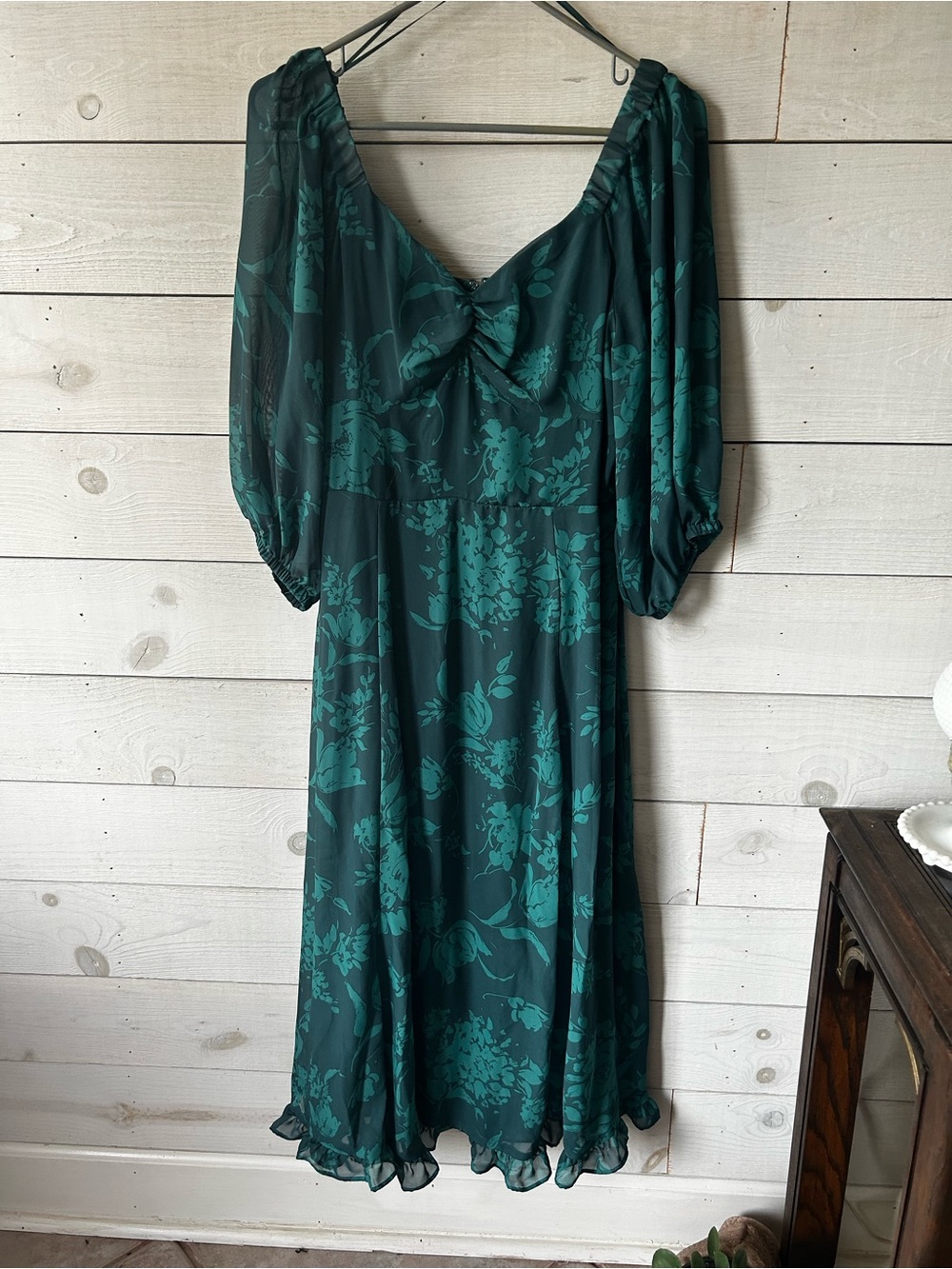 Rachel Zoe Green Teal Floral Midi Dress with Knot-Front and Puff Sleeves 10